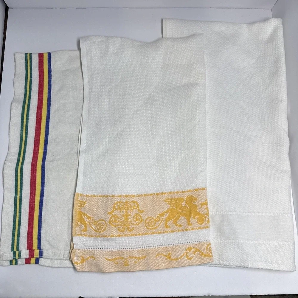 VTG‎ Linen Tea Towels Lot 3 Linen Flour Sack Striped Solid Edge Brocade Kitchen